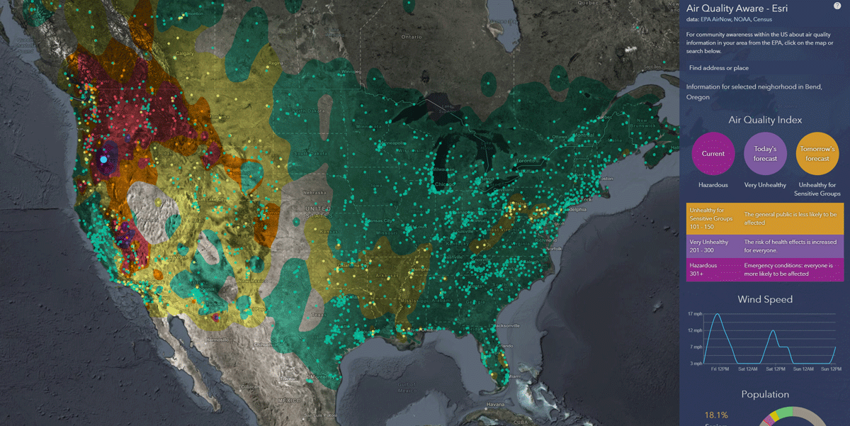 Esri app combines EPA data with wind forecasts and at-risk population demographics (Source: Air Qaulity Aware app from Esri)