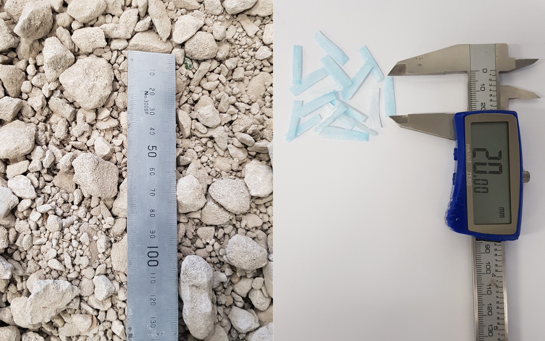  The new material, left, blends recycled concrete aggregate with small strips of shredded disposable face masks, as seen on the right (image courtesy RMIT) 