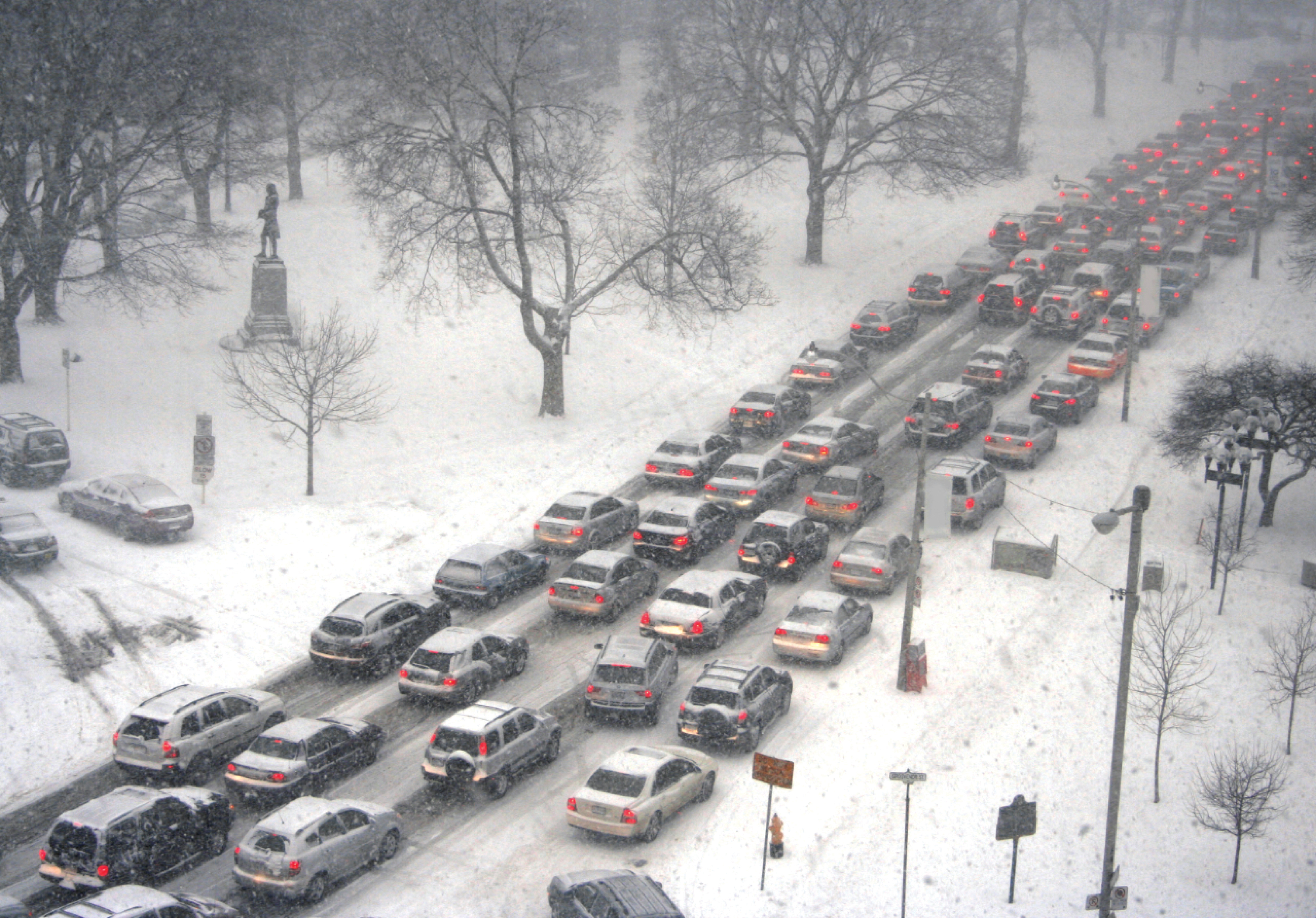 traffic jam in severe winter weather