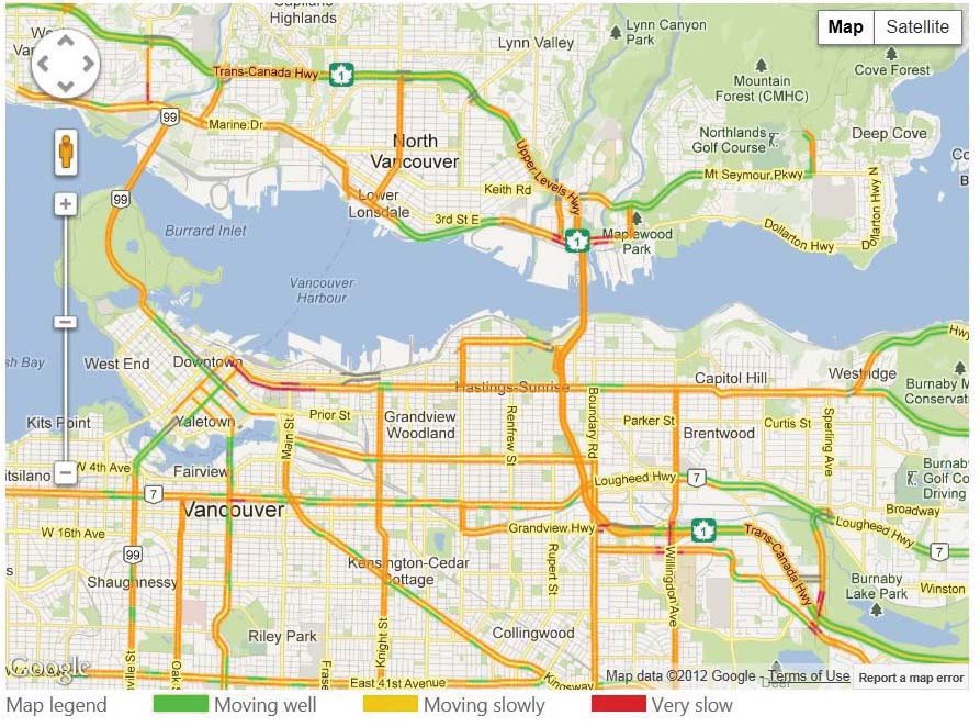 vancouver travel map showing congestion