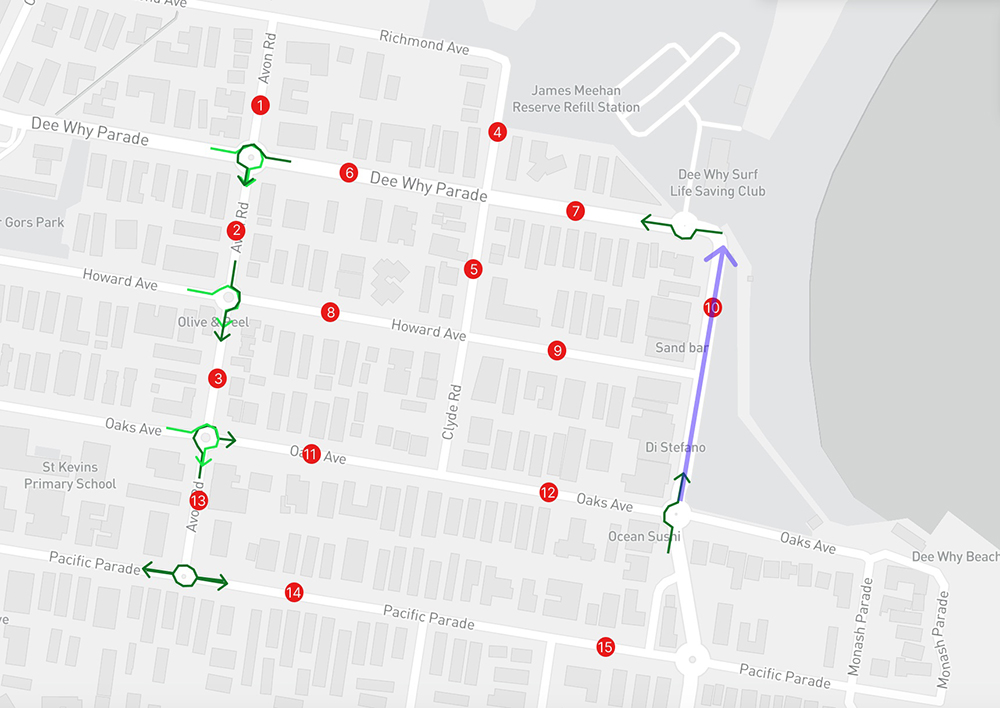 The locations and intersections being analysed, including The Strand, indicated in blue