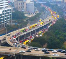 A traffic jam in downtown Haikou City in China's Hainan Province