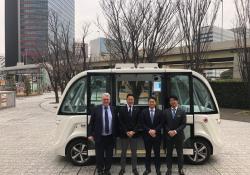 Left to right: Henri Coron (Navya chief business development officer), Atsushi Sato (Macnica president),  Masahiro Hashimoto (Sakai Mayor), Yuki SAJI - SB Drive (president). Source: Navya