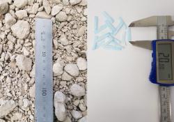  The new material, left, blends recycled concrete aggregate with small strips of shredded disposable face masks, as seen on the right (image courtesy RMIT) 